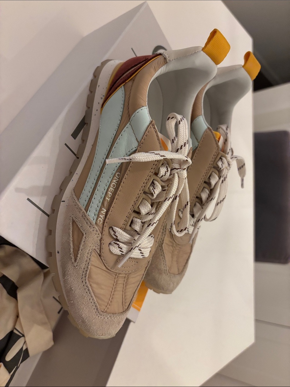 Neutral Beige and Light Blue Women's Fashion Sneakers with Yellow Pull Tab